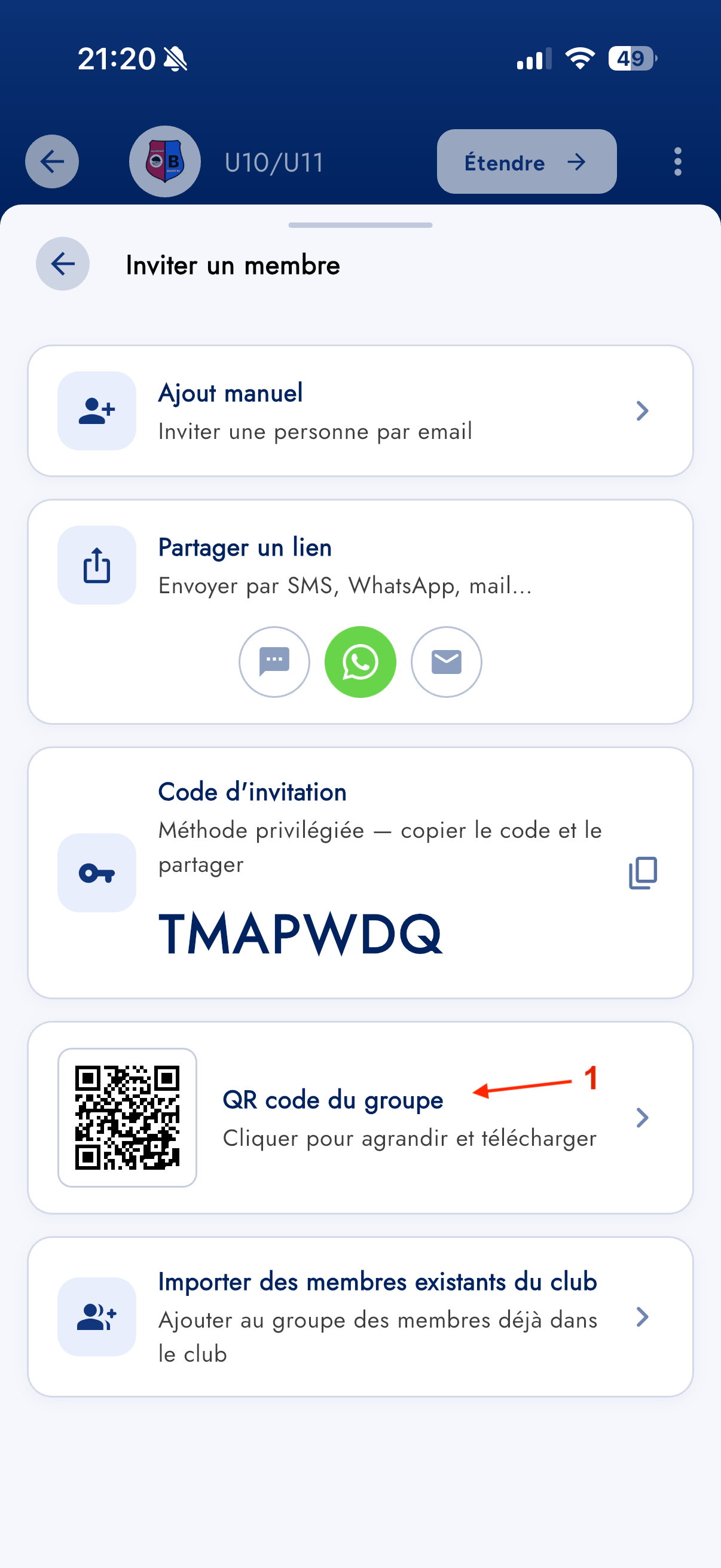QR code du groupe dans la modale d'invitation mobile