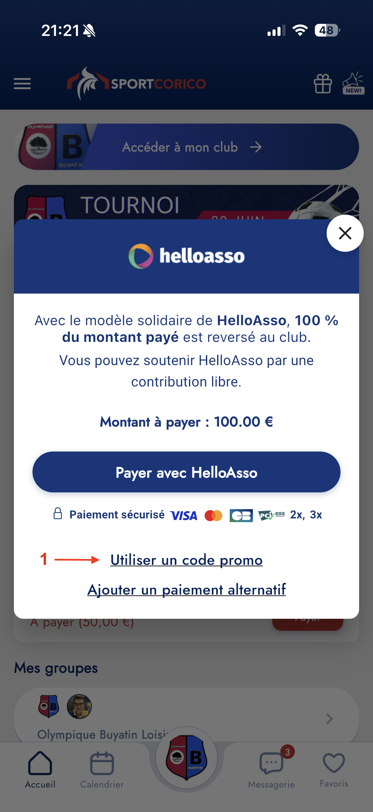 Modale HelloAsso avec lien Utiliser un code promo