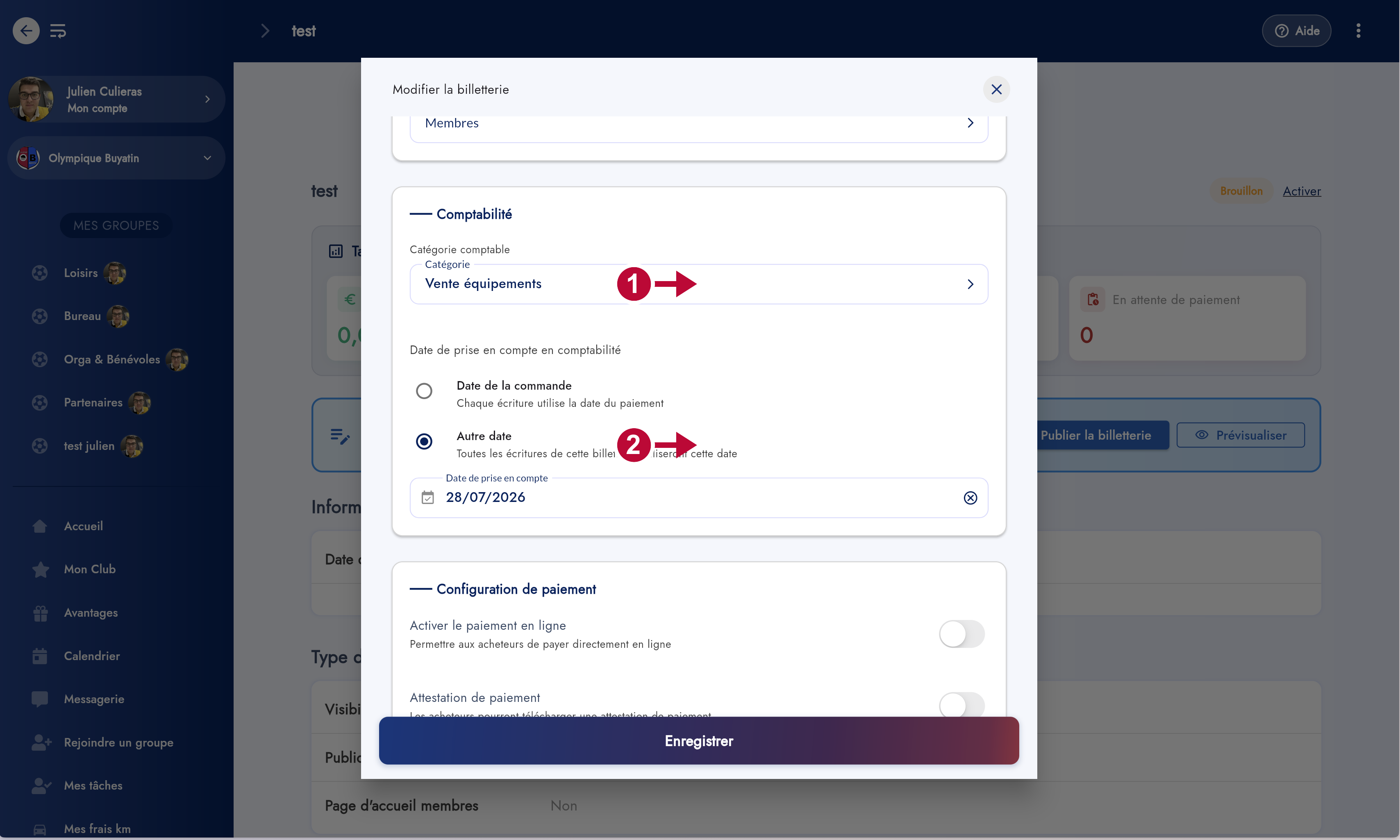 Section Comptabilité dans la configuration de billetterie