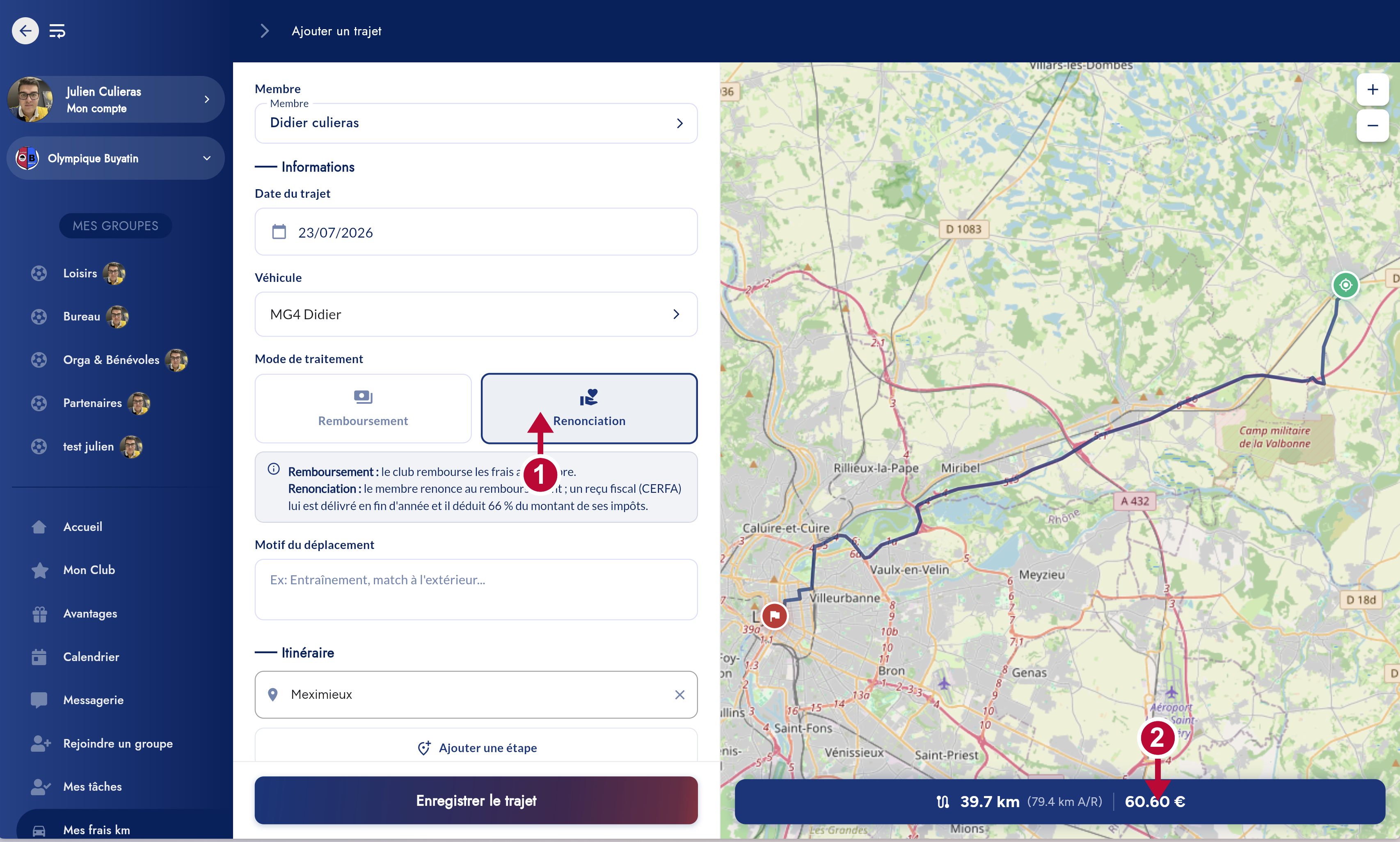 Ajout d'un trajet avec carte et calcul automatique