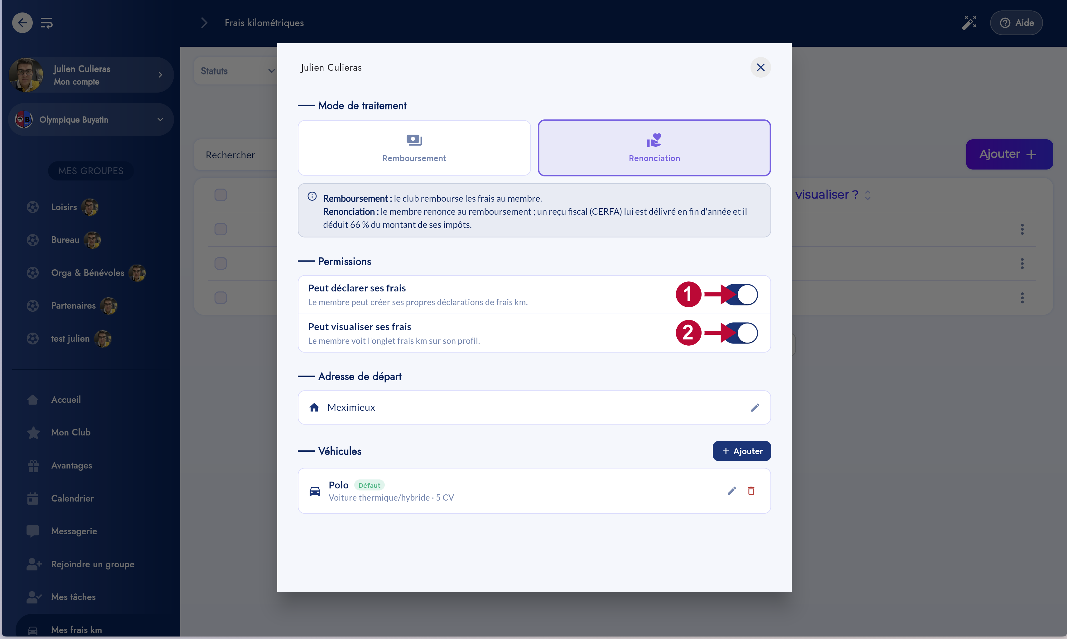 Permissions d'un membre éligible aux frais km