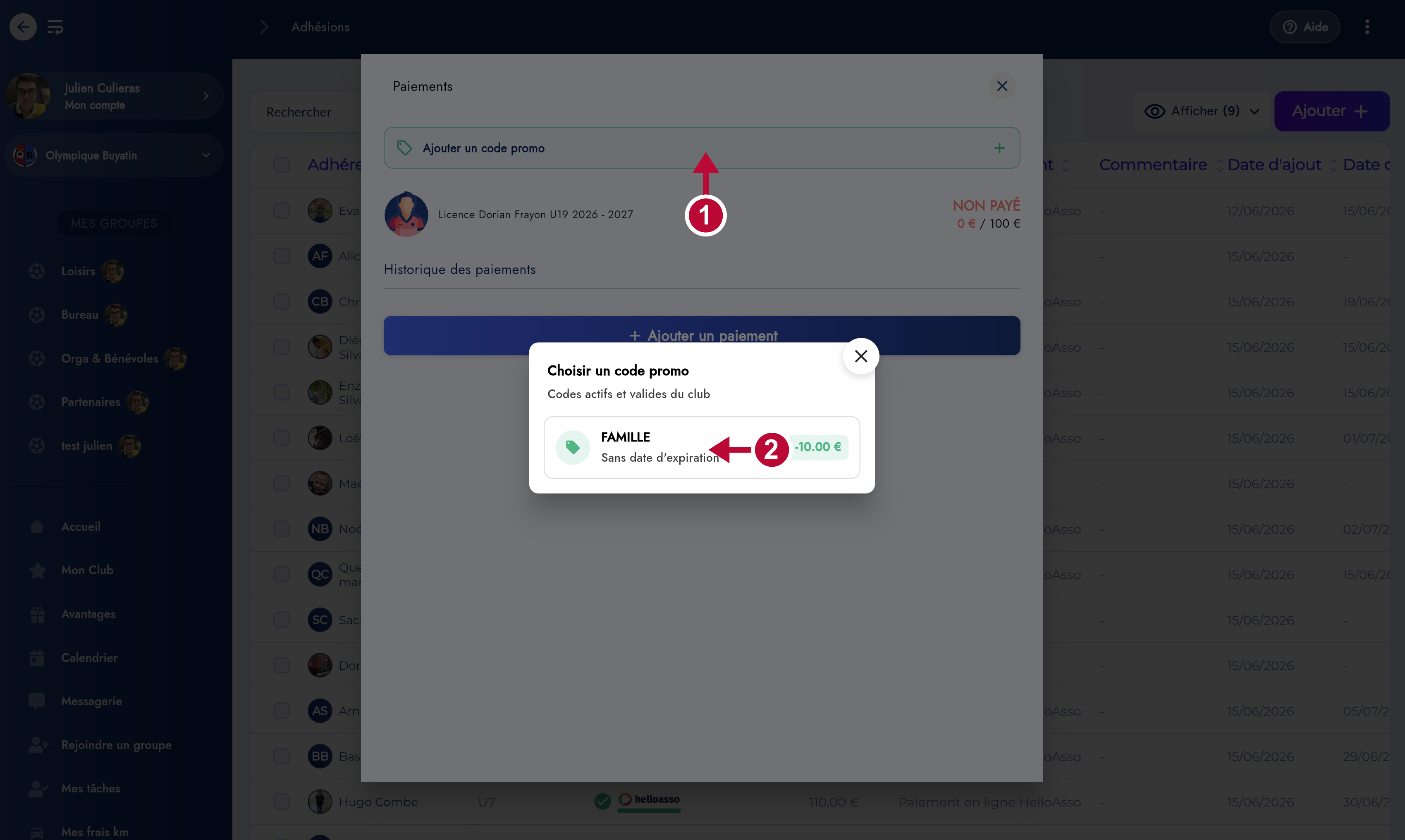 Application d'un code promo par l'admin sur une licence