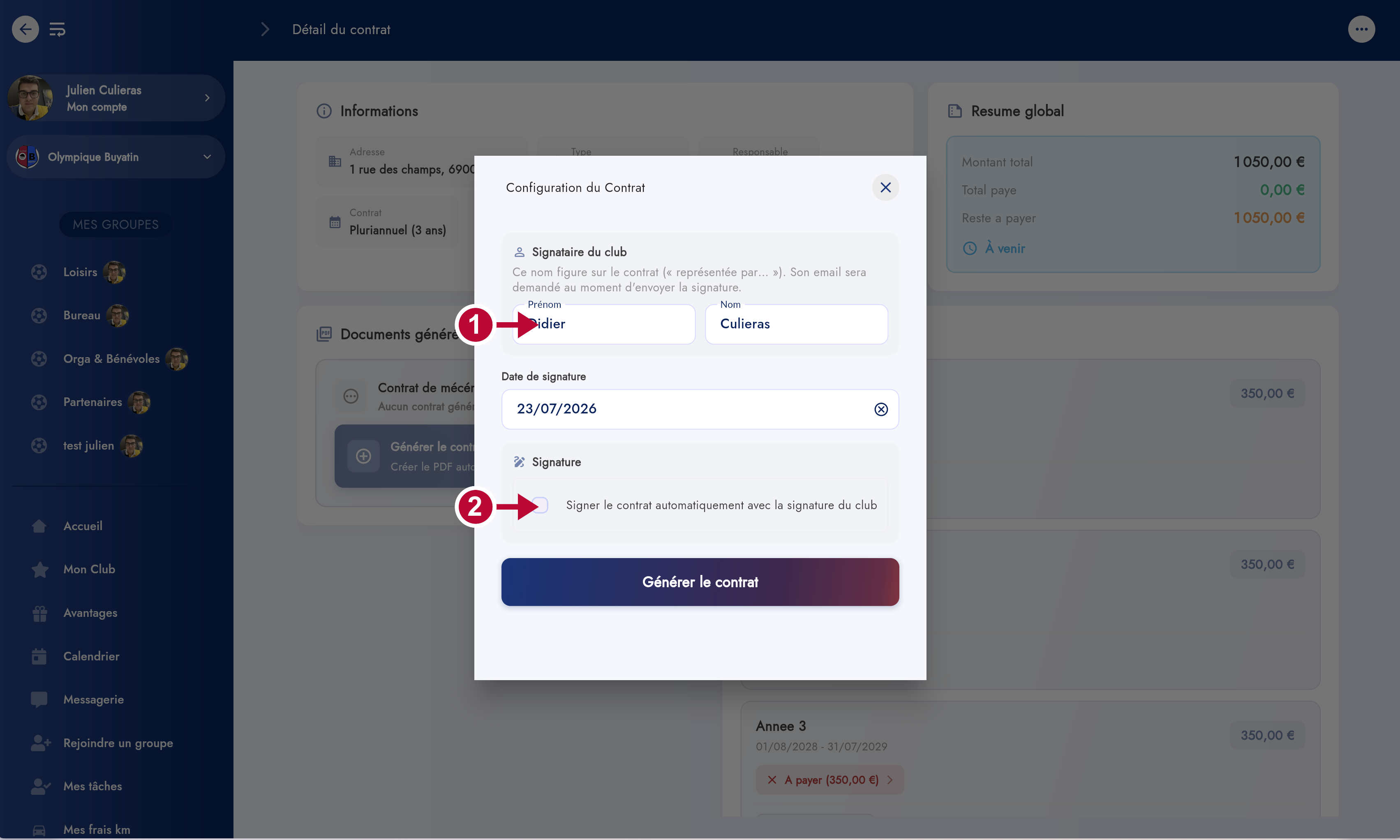 Configuration de la génération du contrat