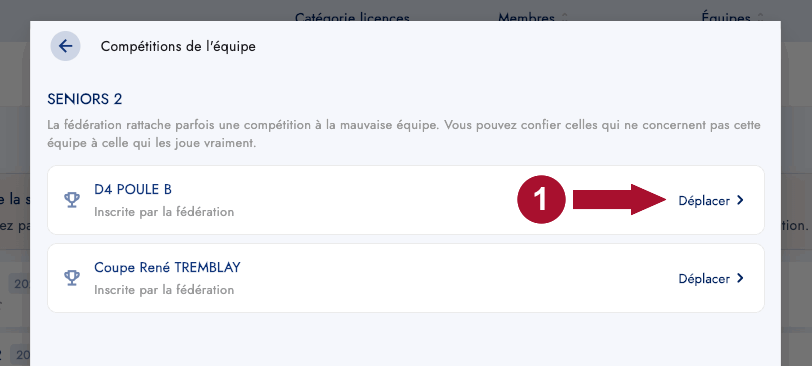 Liste des compétitions d'une équipe avec le bouton Déplacer
