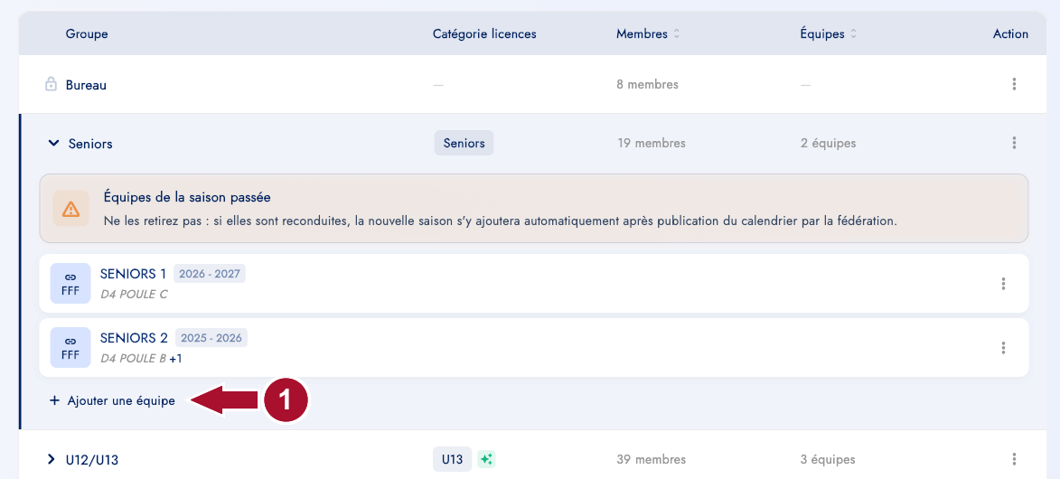 Lien Ajouter une équipe dans un groupe