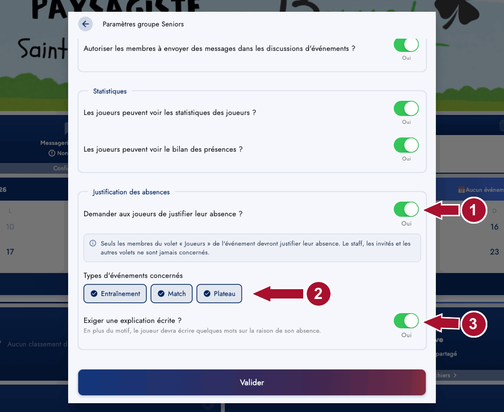 Section Justification des absences dans les paramètres du groupe