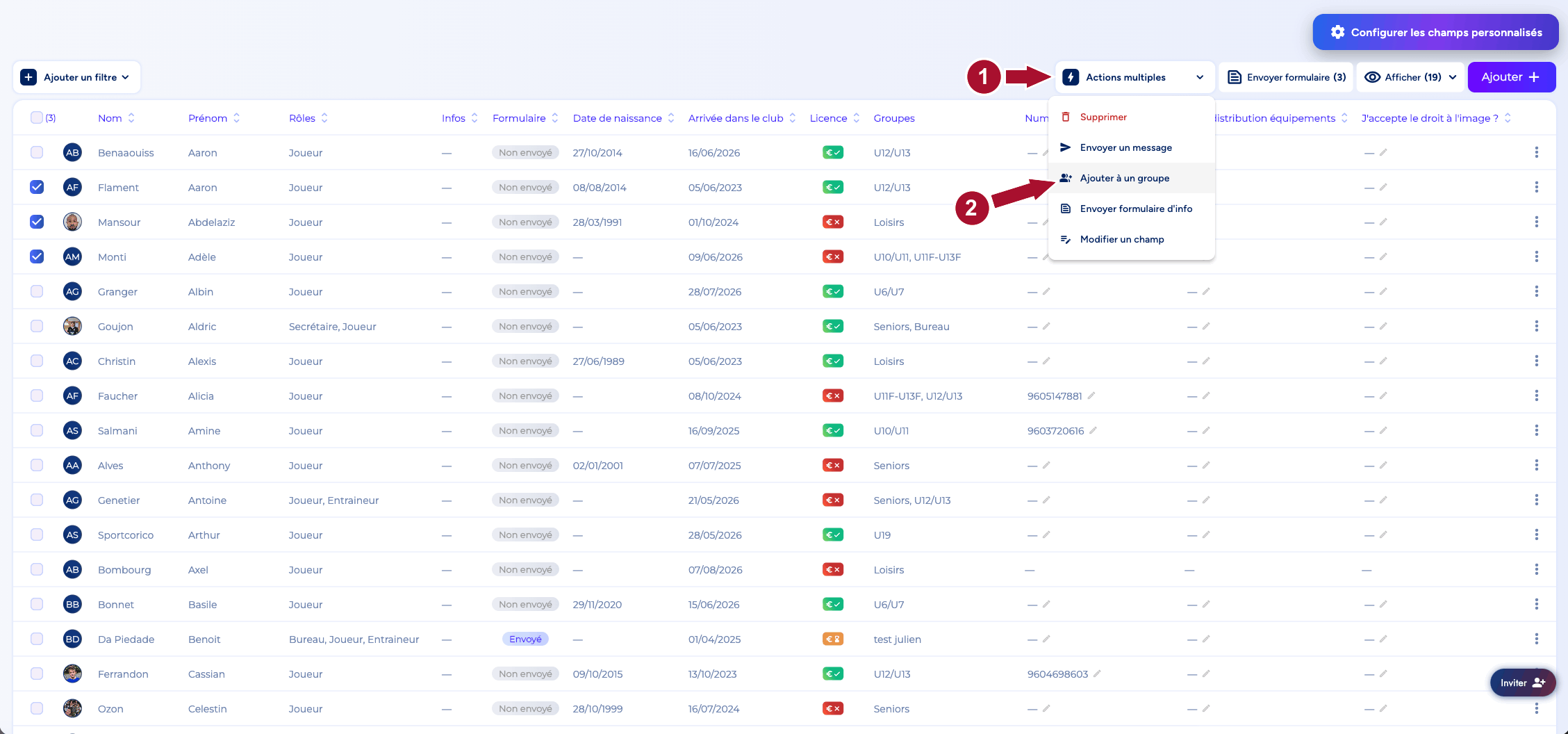 Menu Actions multiples avec l'entrée Ajouter à un groupe