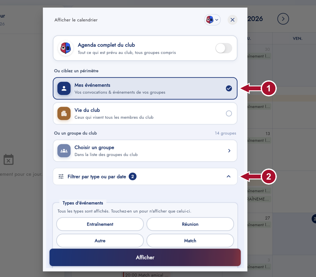 Fenêtre Afficher le calendrier sur ordinateur