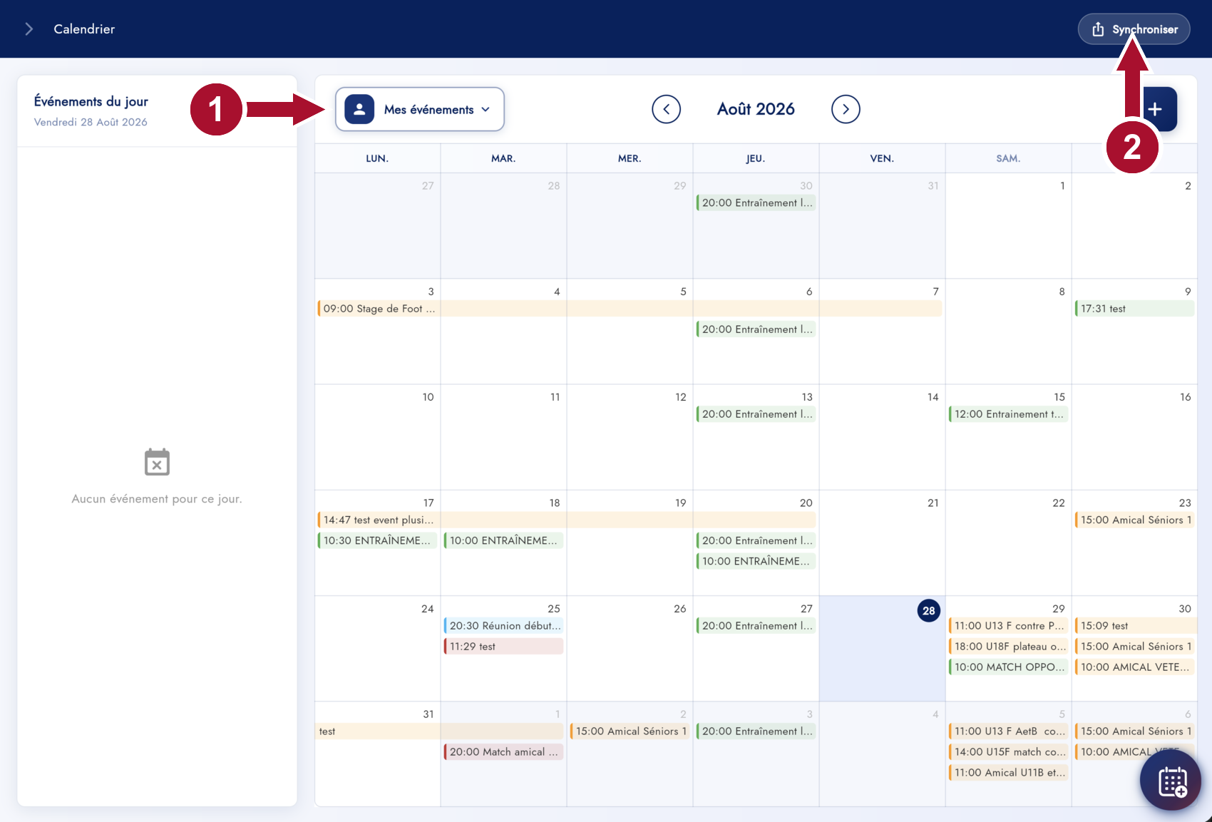 La page Calendrier sur ordinateur