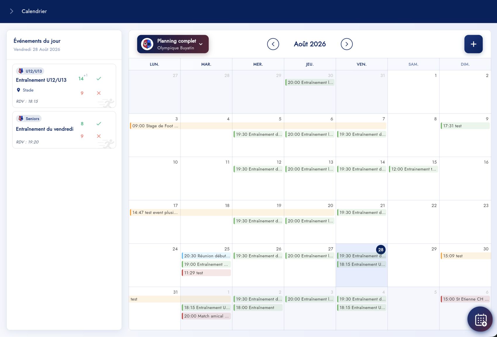 Calendrier en mode Planning complet sur ordinateur