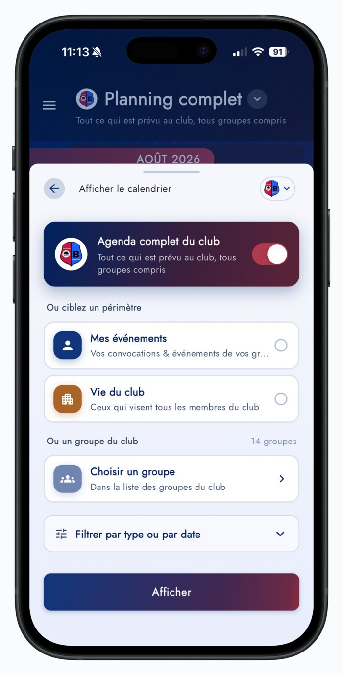 Interrupteur Agenda complet du club activé