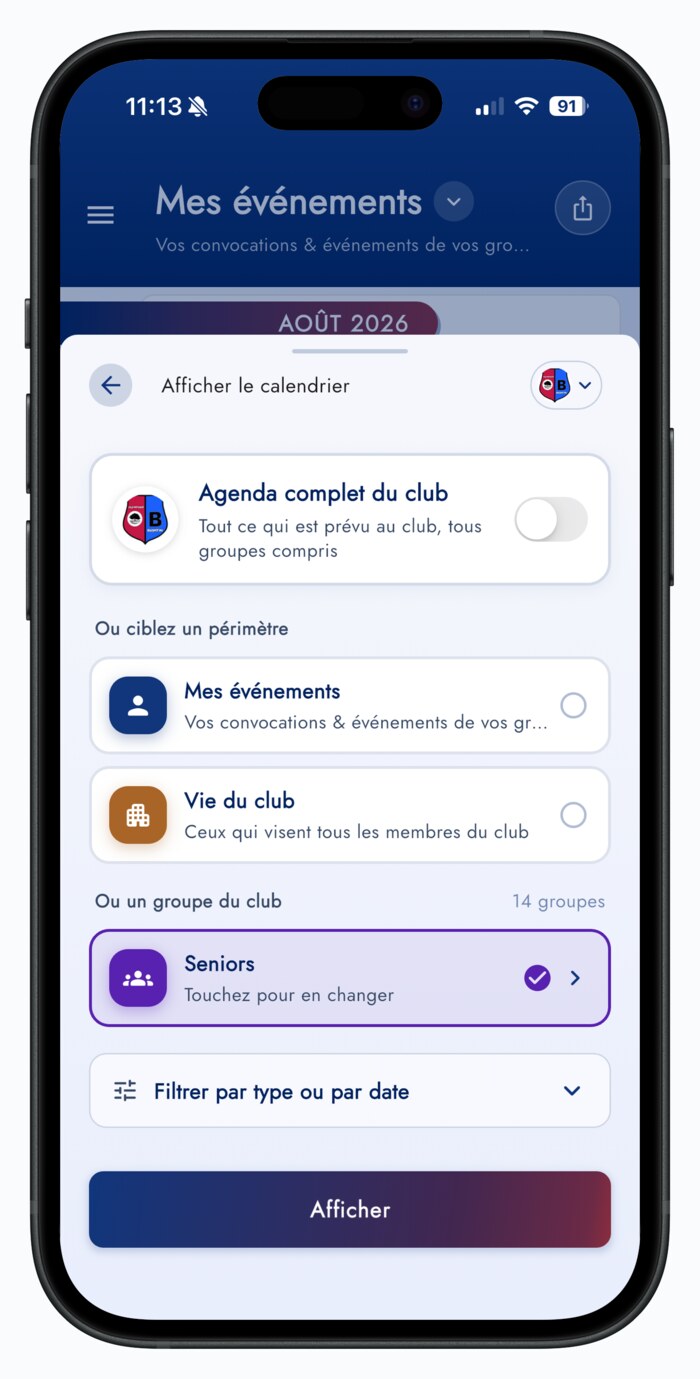 Un groupe du club sélectionné dans Afficher le calendrier