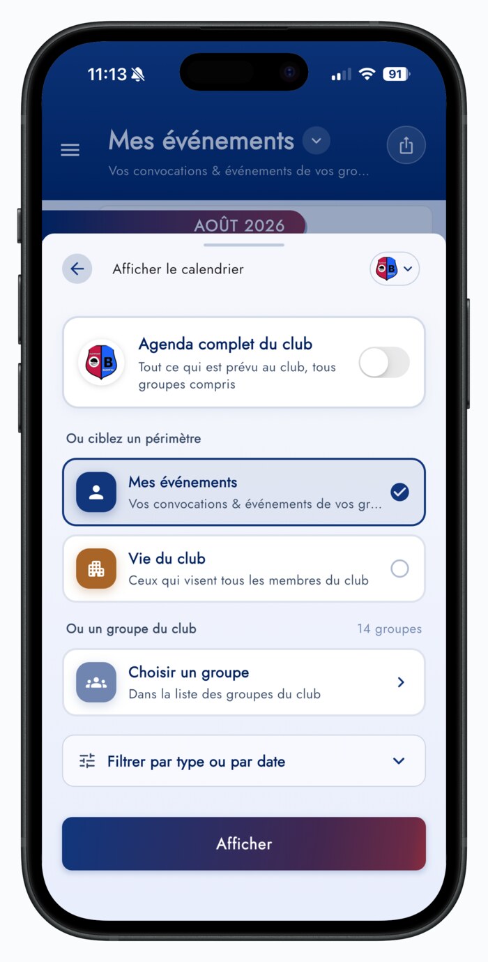 Afficher le calendrier sur mobile, Mes événements sélectionné