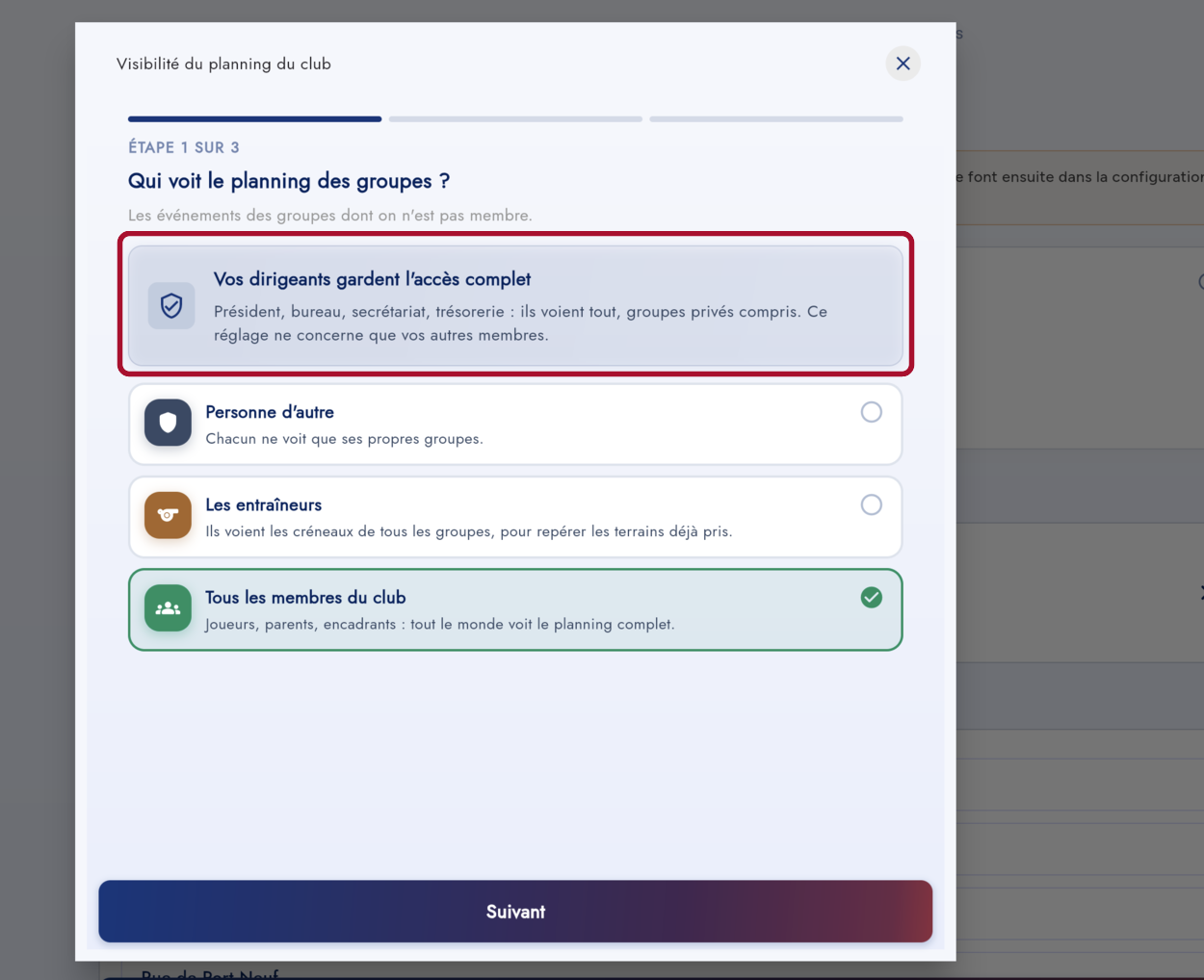 Étape 1 de l'assistant : qui voit le planning des groupes