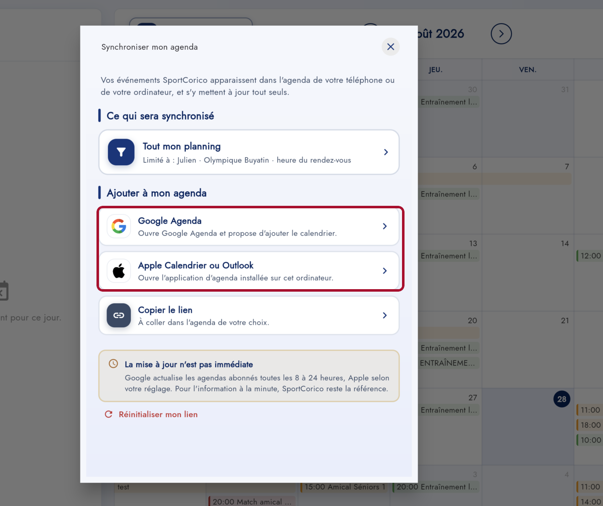 Fenêtre Synchroniser mon agenda sur ordinateur