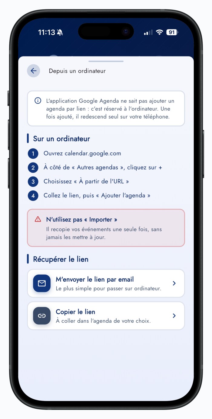 Marche à suivre pour ajouter l'agenda depuis un ordinateur