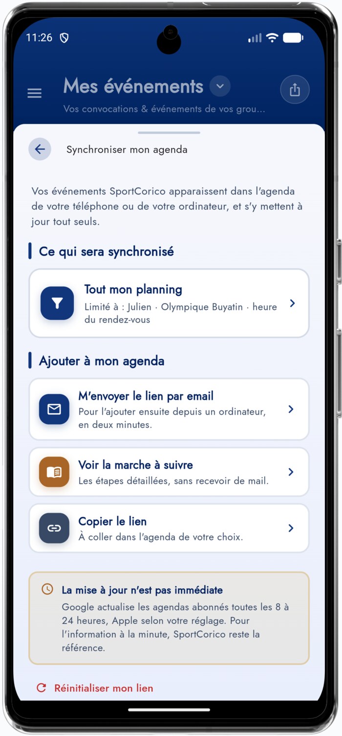Fenêtre Synchroniser mon agenda sur Android