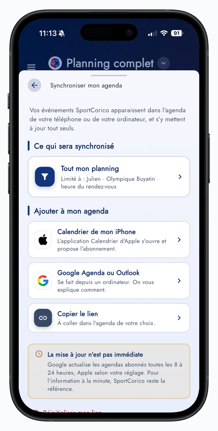Fenêtre Synchroniser mon agenda sur iPhone